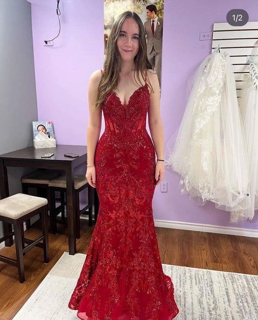 Mermaid Spaghetti Straps Red Lace Sparkly Party Long Prom Dresses AB1607