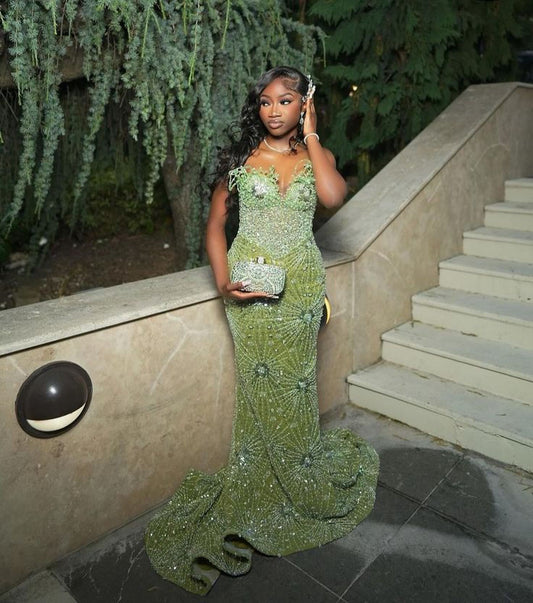 Robe de soirée longue sirène verte, robe de bal brillante, inspiration robes de fête, robe de princesse formelle N779