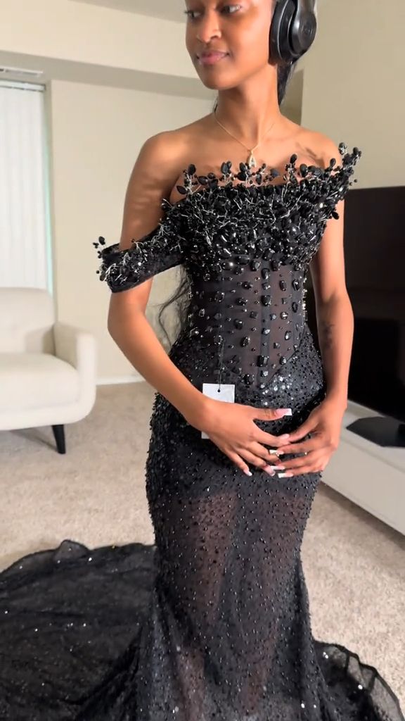 Sexy Meerjungfrauen-Kleid, trägerlos, für schwarze Frauen, mit Pailletten, Perlen und Kristallen besetzt, langes, formelles Abendkleid N788