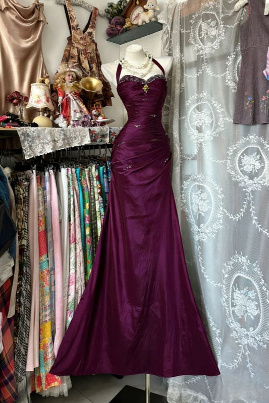 Robe de bal longue fourreau dos nu vintage, robe de soirée bleue en satin perlé, robe d'anniversaire sans manches N783