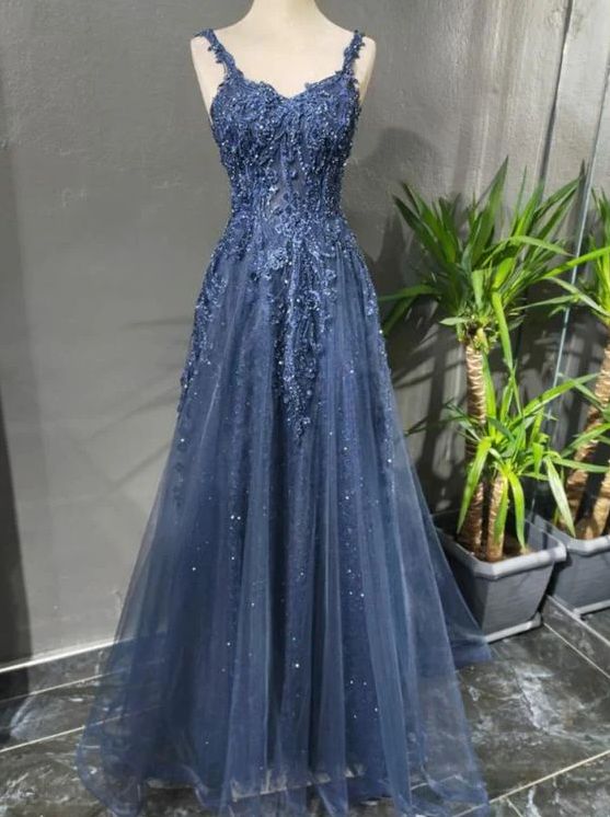 Elegantes, langes, marineblaues Tüllkleid in A-Linie mit Spaghettiträgern – perfekt für Abschlussball und Abendveranstaltung (N048)