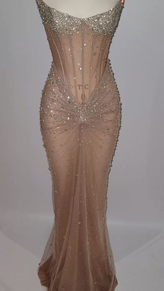 New Arrive Elegant Champagne Long Party Dress Prom Dresses Mermaid Bodycon For Women N4071