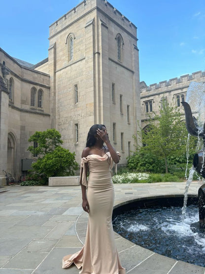 Sexy Meerjungfrauen-Abendkleid mit schulterfreiem Schnitt, langer Schleppe und Champagner-Schnitt – Inspiration für das perfekte Abendkleid AB1038