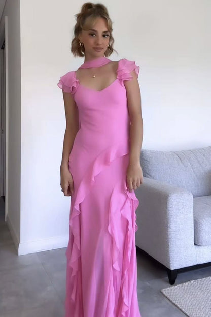 Beautiful Pink V Neck Chiffon Ruffle Mermaid Long Prom Dress Party Gown With Ribbon Wedding Guest Gown N250