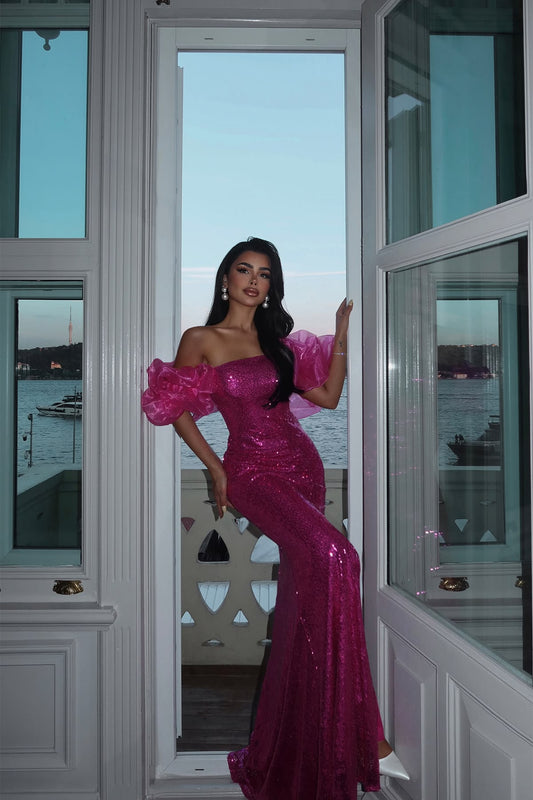Modest Mermaid Off The Shoulder Sequins With Sleeves Evening Dresses High School Teens Senior Night Prom Party Outfits AB2535