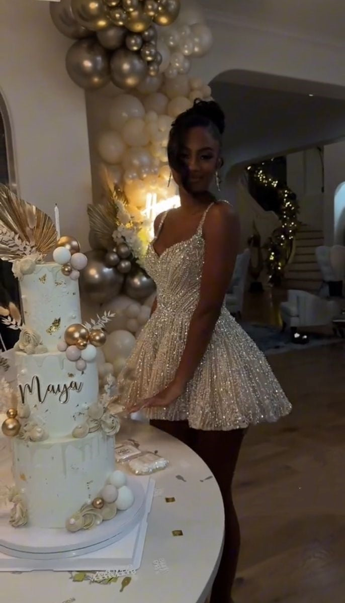 Robe de soirée tendance à bretelles fines, sequins couleur champagne, courte, inspiration "Nuit à Rio", idées de robes de bal de promo RB4068