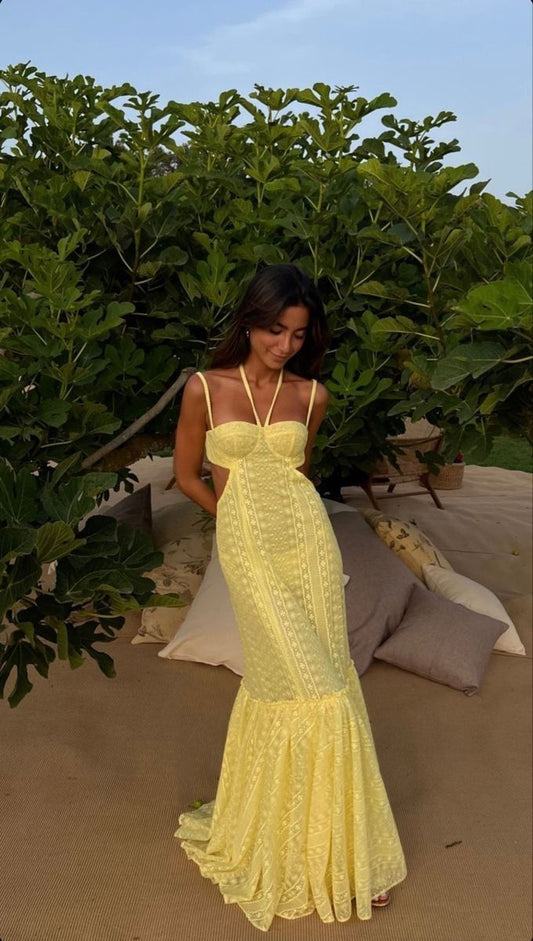 Mermaid Prom Dresses Spaghetti Straps Sexy Special Dress Lace Yellow Party Gowns AB995