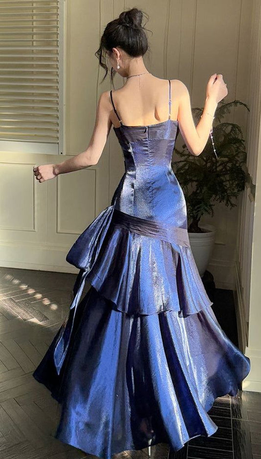 Fashion Burgundy Ruffle Long Prom Dresses Spaghetti Straps Dance Dress AB1613