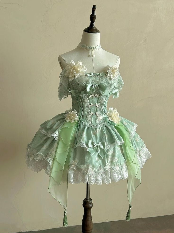 Lovely Ball Gown Hoco & Homecoming Gown Strapless Green Lace Lolita Dress Short Party Dresses RB6440