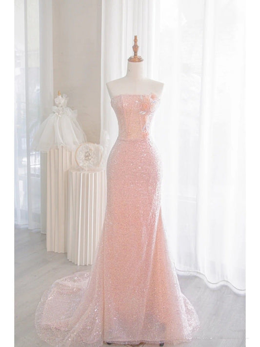 Elegantes, trägerloses, langes Meerjungfrauen-Abendkleid in zartem Rosa mit Pailletten, perfekt für Abschlussball und Tanz N047