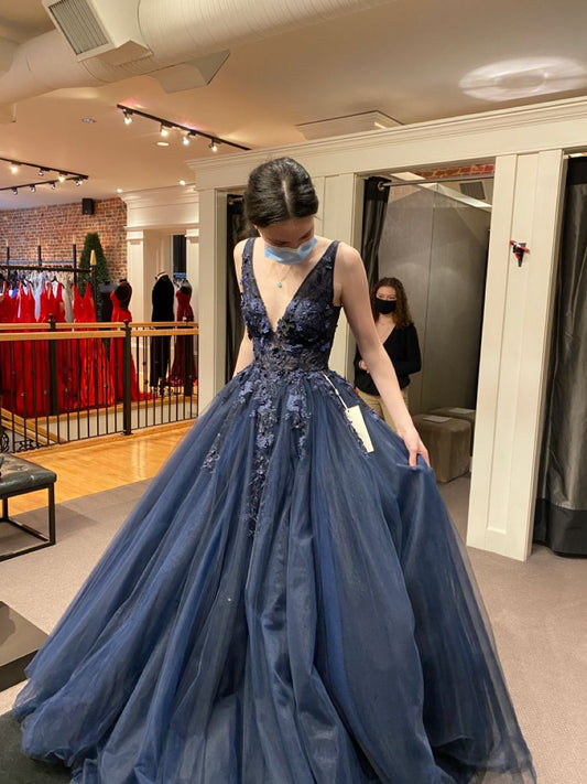 Robe de soirée bleu marine sur mesure pour occasions spéciales, robe de bal de luxe, coupe trapèze, col en V, appliques, AB1051