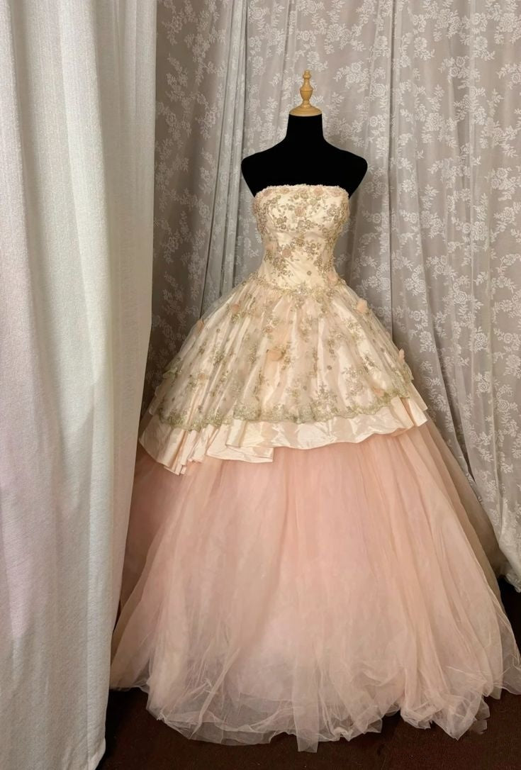 Vintage Ballkleid, trägerlos, rosa, langes Spitzenkleid für Geburtstagsfeiern, Abendkleid, formelles Kleid N534