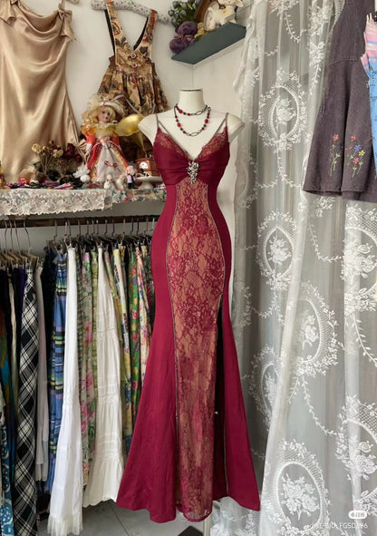 Vintage langes, burgunderrotes Spitzen-Abendkleid mit V-Ausschnitt, Meerjungfrauen-Stil, Partykleid, Tanzoutfit N535