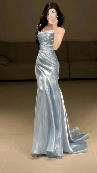 Hellblaues, trägerloses, plissiertes Ballkleid, Abendkleid, formelles, halbformelles, langes Abschlussballkleid für Teenager AB1993