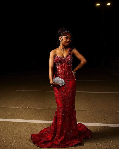 Sexy Meerjungfrauen-Abendkleid mit One-Shoulder-Träger, burgunderrot, Pailletten, perfekt für den 23. Geburtstag, als Ballkleid oder für schwarze Mädchen zum 20. Geburtstag (AB2000)