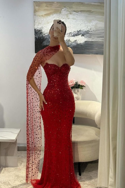 Wunderschönes rotes Meerjungfrauen-Abendkleid mit Herzausschnitt, ärmellos, trägerlos, mit Strasssteinen, halbformell, langes Abschlussballkleid für Teenager AB1998