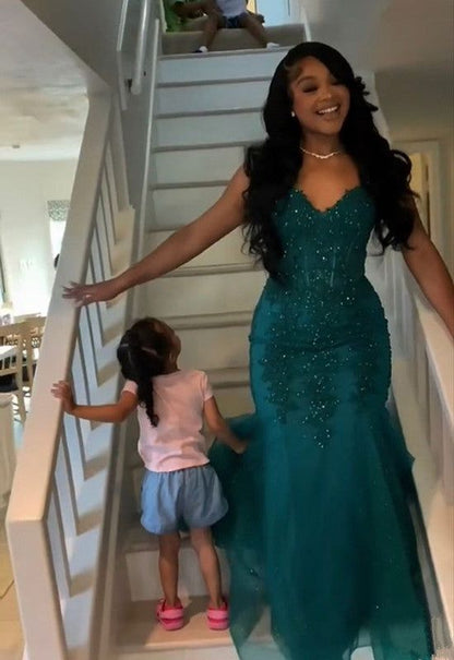 Robe de bal sirène vert foncé en tulle et dentelle, robe d'hiver semi-formelle longue pour adolescentes AB1994