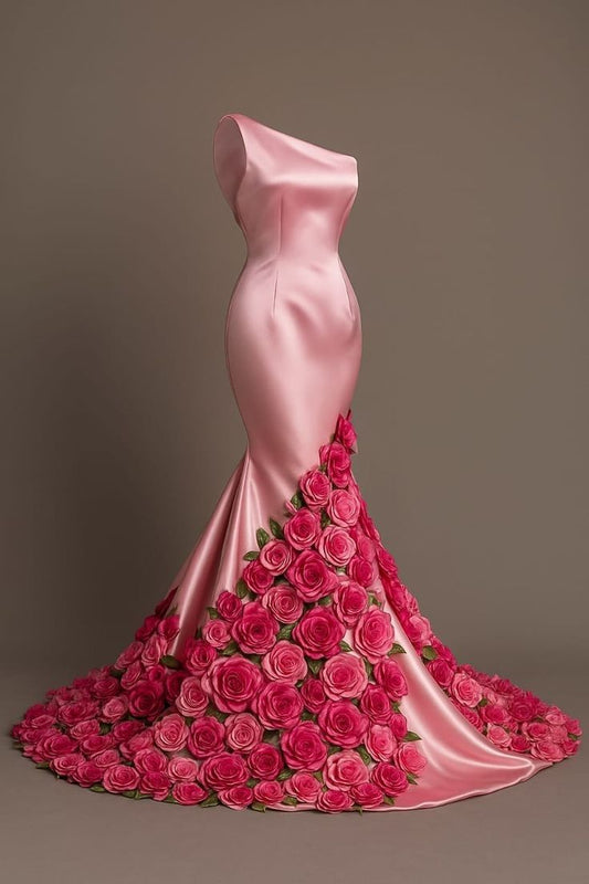 Classy Mermaid One Shoulder Pink With Flowers Maxi Prom Dresses Evening Dress 20th Birthday Outfits N114