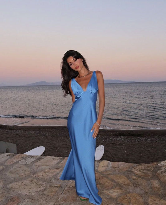 Modest Mermaid V Neck Blue Satin Long Evening Summer Beach Black Tie Prom Dresses Spring Wedding Guest Dress N1393