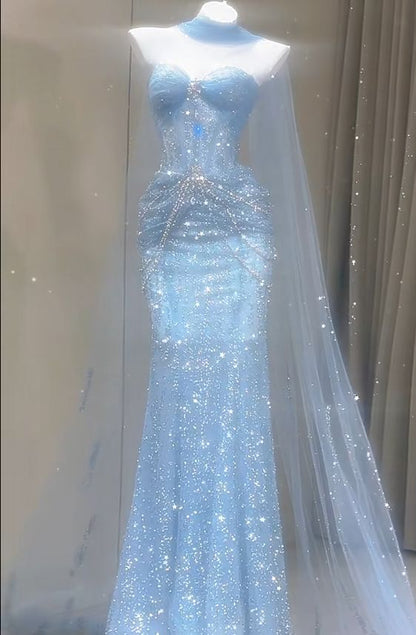 Robe de bal sirène bleue, décolleté cœur, tulle, longue robe de soirée formelle AB1664