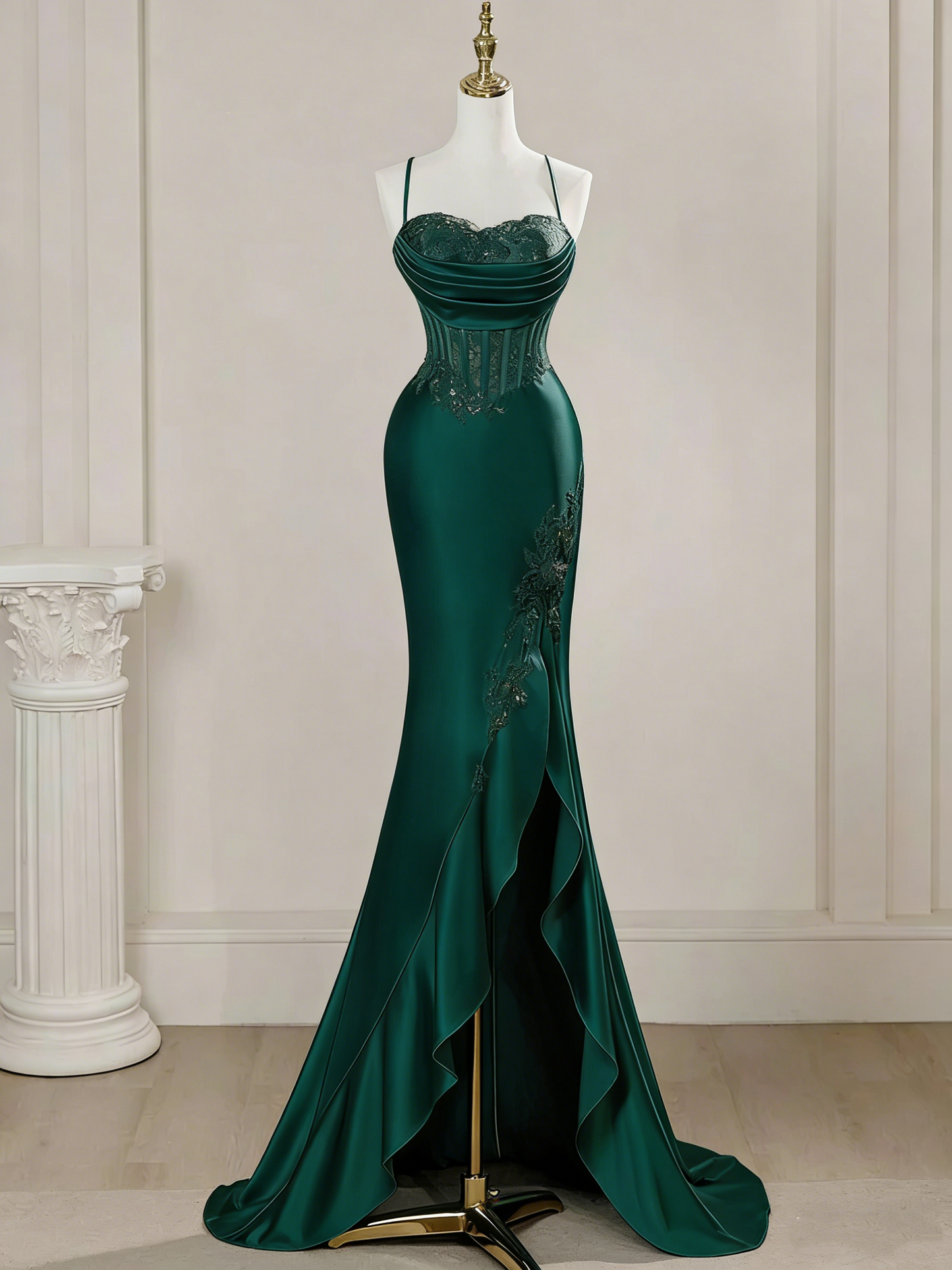 Robe de bal longue plissée en satin bleu satiné à fines bretelles sirène élégantes (Vestidos De Dia AB591)