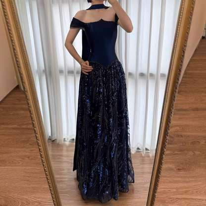 Maßgeschneidertes Abendkleid in Marineblau, Luxuskleid Sharon Happy, AB1049