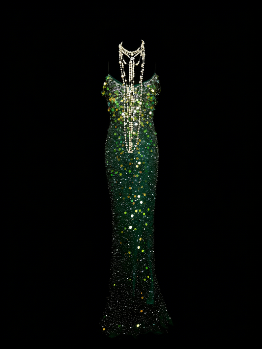 Vintage Mermaid Spaghetti Straps Green Sequin With Beads Bodice College Formal Outfit Long Prom Graduation Dresses For Teens N1305