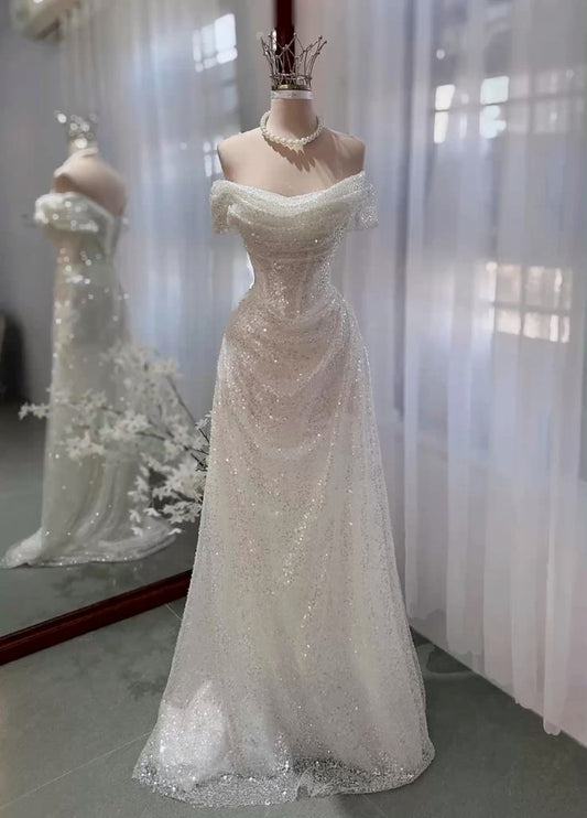 Retro 1960s Wedding Dresses for Bride Mermaid Off The Shoulder With Ruched Sequins Petite/Plus Size Bridal Gowns For Women's Wedding AB1487
