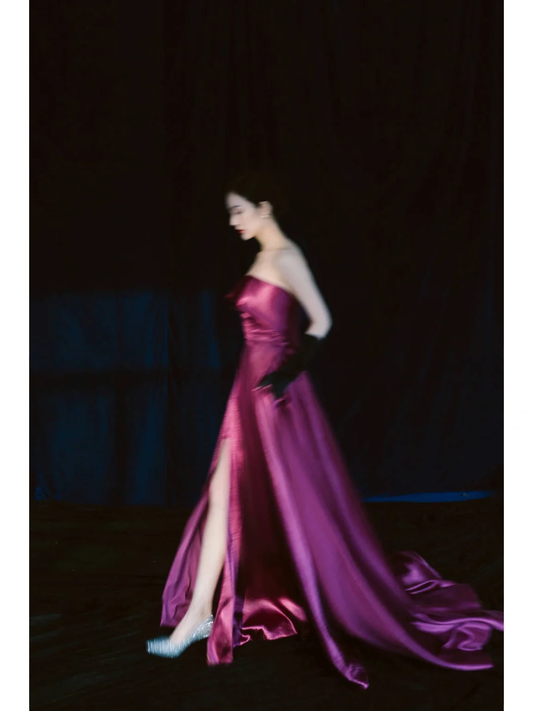 Simple A Line Strapless Grape Satin Long Prom Dresses Impress 18th Birthday Outfits Prom Gown AB890