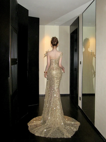 Robe de bal sirène dorée à paillettes brillantes avec corset et dos ajusté, longue tenue de soirée esthétique pour la remise des diplômes N059