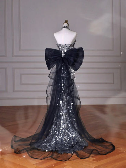 Black Glitter Sequins Tulle Mermaid Prom Dress Strapless Evening Dress With Bow For Teenagers High Schools AB1932