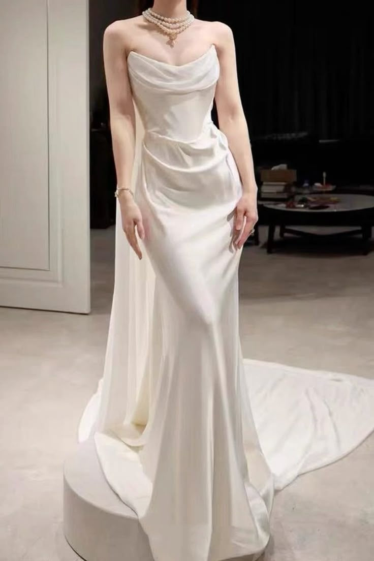 Mermaid White Satin Strapless Satin Long Floor Length Pleats Wedding Dress AB977