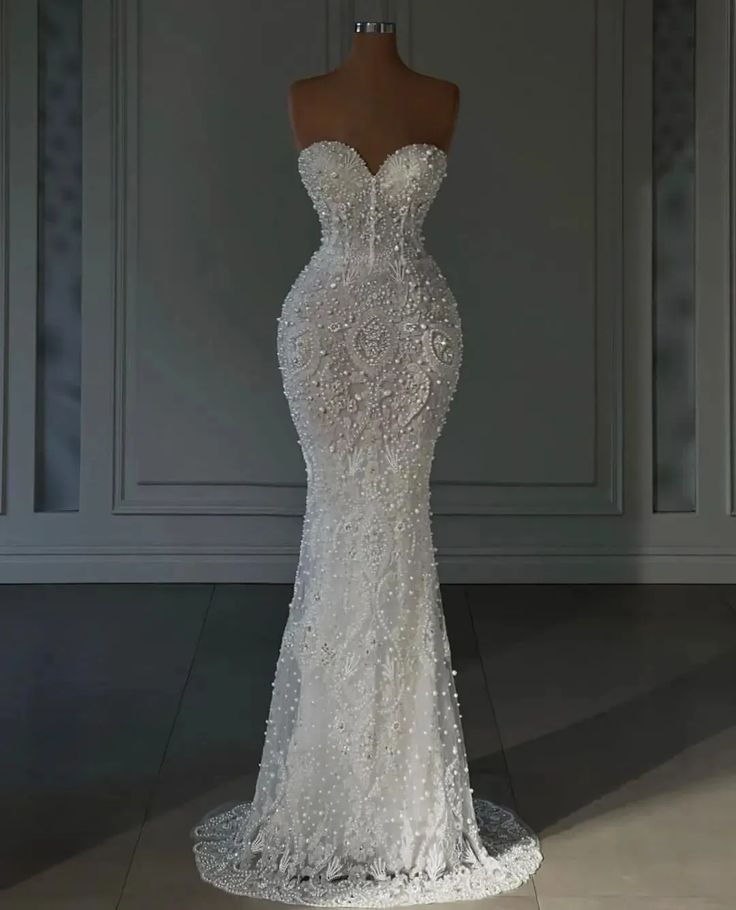 Luxuriöses Meerjungfrauen-Brautkleid für Damen mit Herzausschnitt, ärmellos, mit Perlen und Pailletten besetzt, bodenlang, Modell AB970