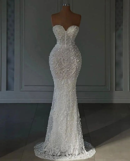 Luxuriöses Meerjungfrauen-Brautkleid für Damen mit Herzausschnitt, ärmellos, mit Perlen und Pailletten besetzt, bodenlang, Modell AB970