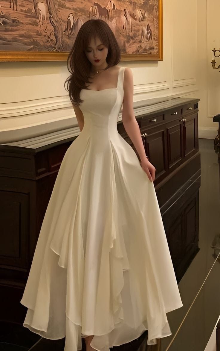 Robe de soirée/bal en mousseline ivoire vintage et classique N2164