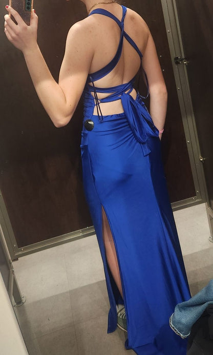 Elegantes Meerjungfrauen-Kleid mit Spaghettiträgern, königsblauem Rückenausschnitt und Schlitz – perfekt für College, Abschlussball und andere festliche Anlässe für Teenager (N1125)