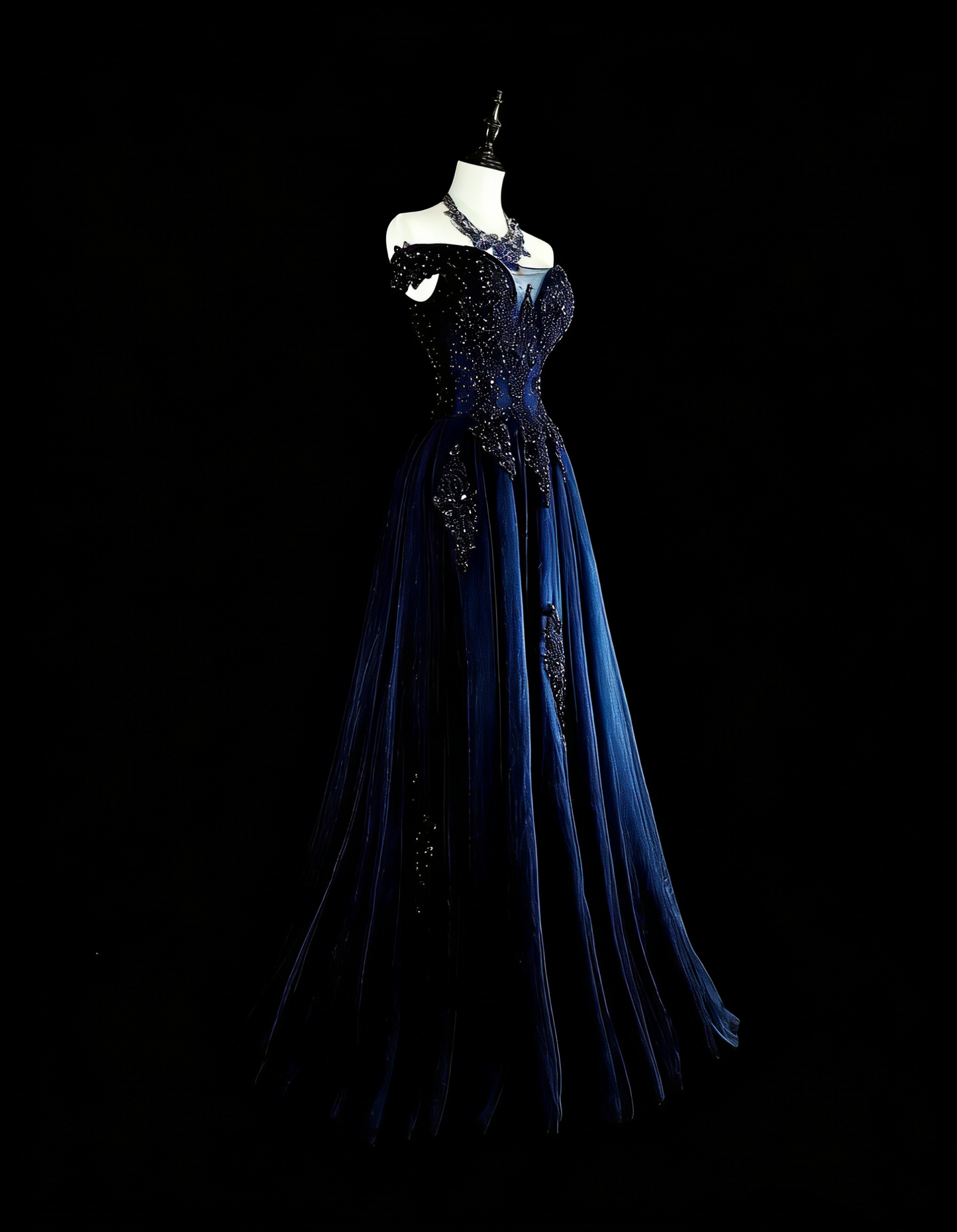 Robe de soirée vintage années 90, coupe trapèze, épaules dénudées, en tulle bleu marine, idéale pour un anniversaire ou un bal de promo (N1752).