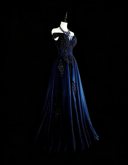 Robe de soirée vintage années 90, coupe trapèze, épaules dénudées, en tulle bleu marine, idéale pour un anniversaire ou un bal de promo (N1752).