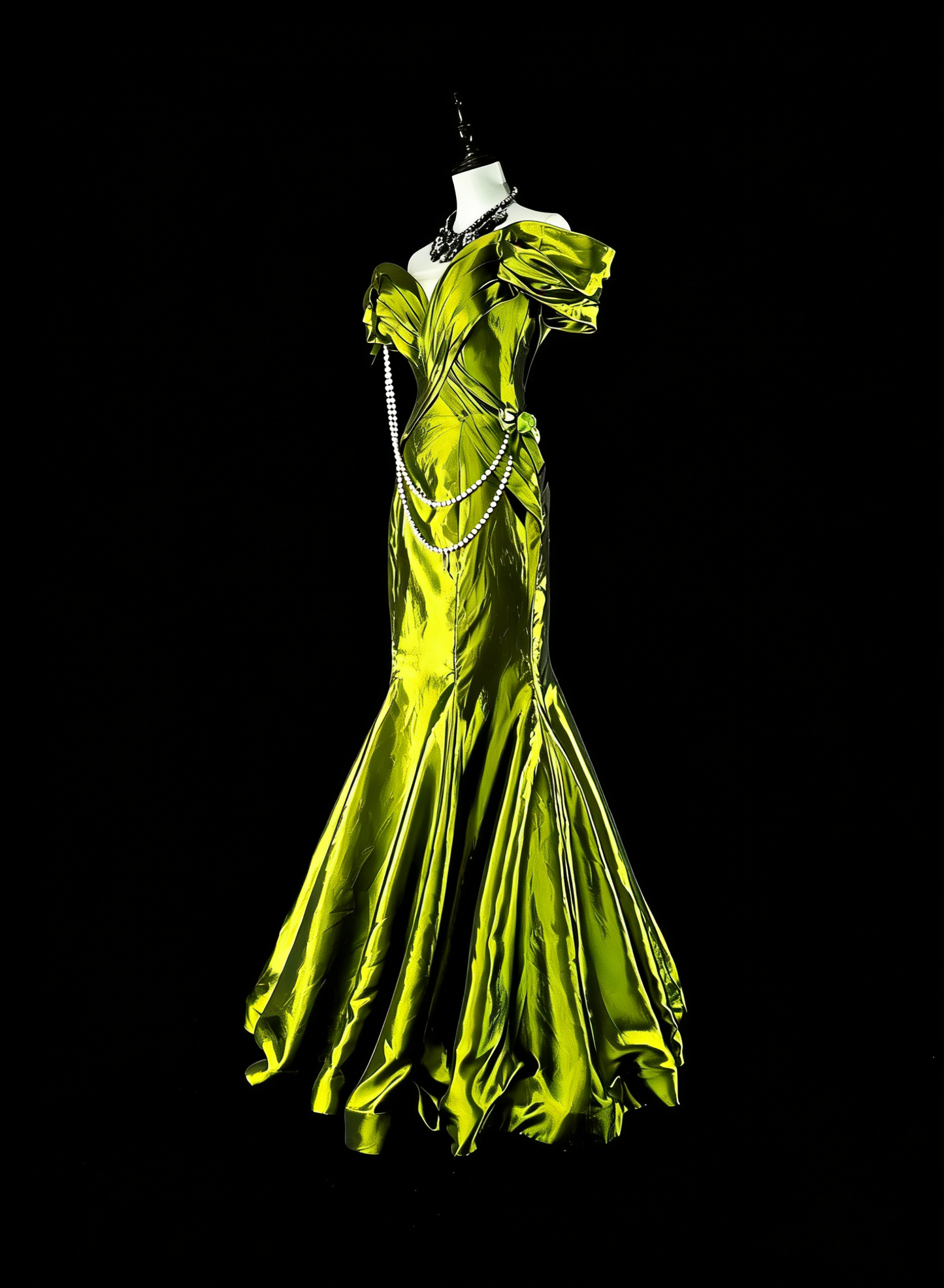 Robes de bal de rêve vintage années 90 rétro épaule dénudée vert olive satiné longues tenues de soirée N2366
