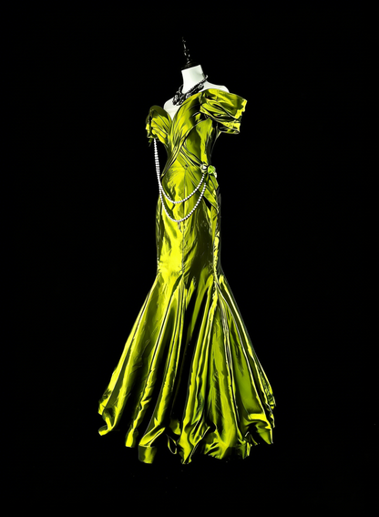 Robes de bal de rêve vintage années 90 rétro épaule dénudée vert olive satiné longues tenues de soirée N2366