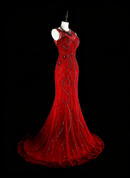 Robe de soirée sirène vintage en tulle rouge, style années 80, robe de bal longue N1759