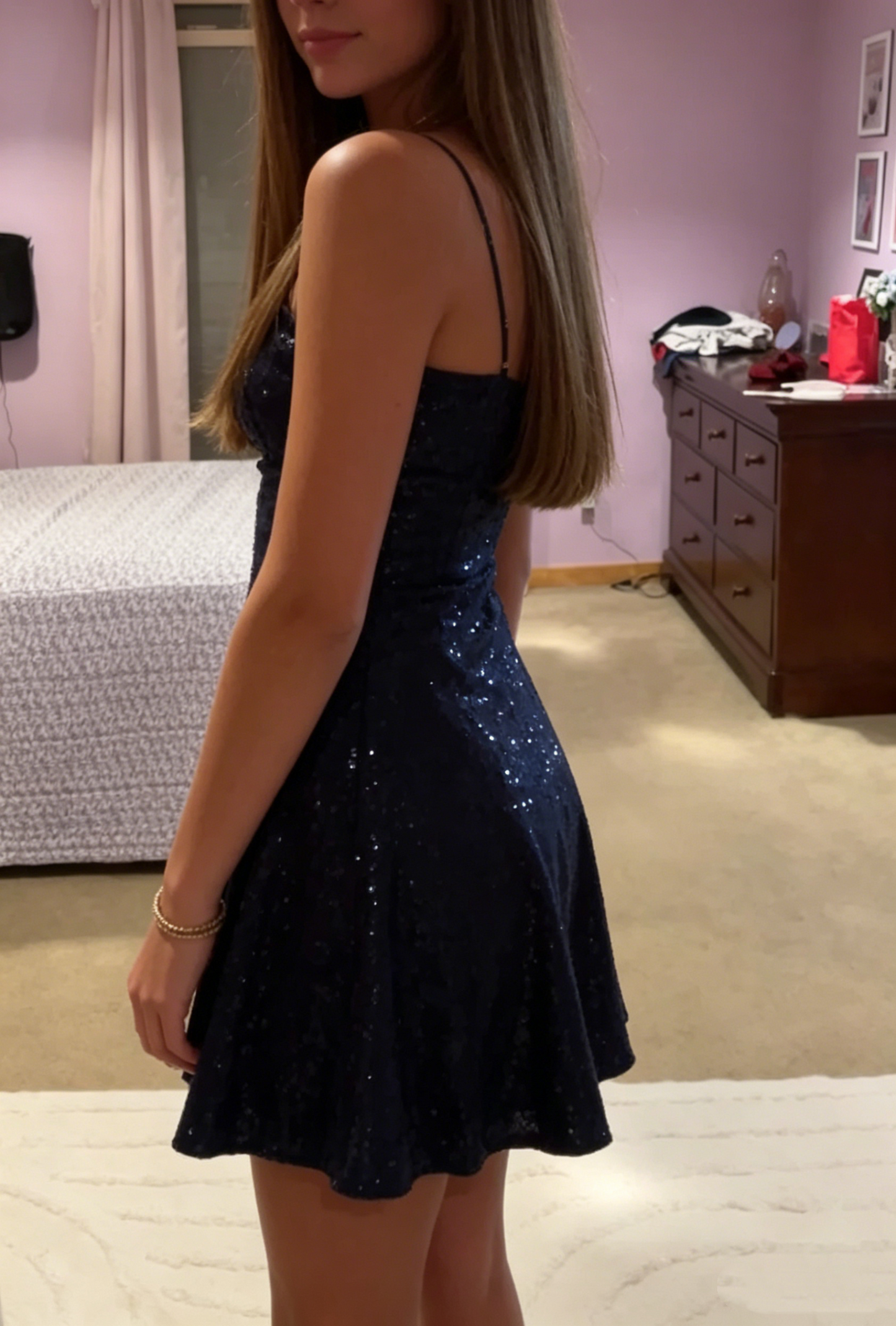 Shiniest Star Pailletten-Minikleid A-Linie Marineblau Pailletten-Abschlusskleider High School für 8. Klasse Homecoming-Kleid RB3323