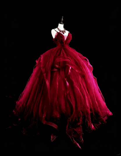 Elegant Ball Gown Spaghetti Strap Burgundy Tulle Inspiration Long Prom Dresses Sweet 16 Dress N1826