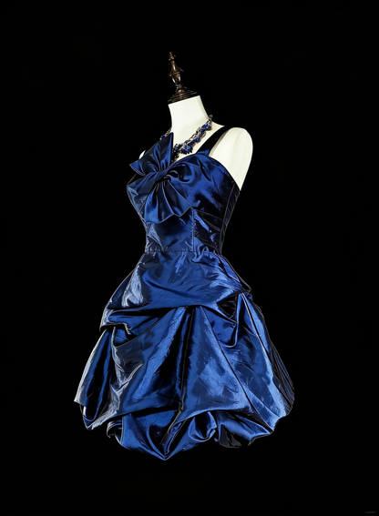Jolie Robe Courte de Bal ou de Retour à la Maison en Taffetas Bleu Marine à Bretelles Fines, Modèle N2721