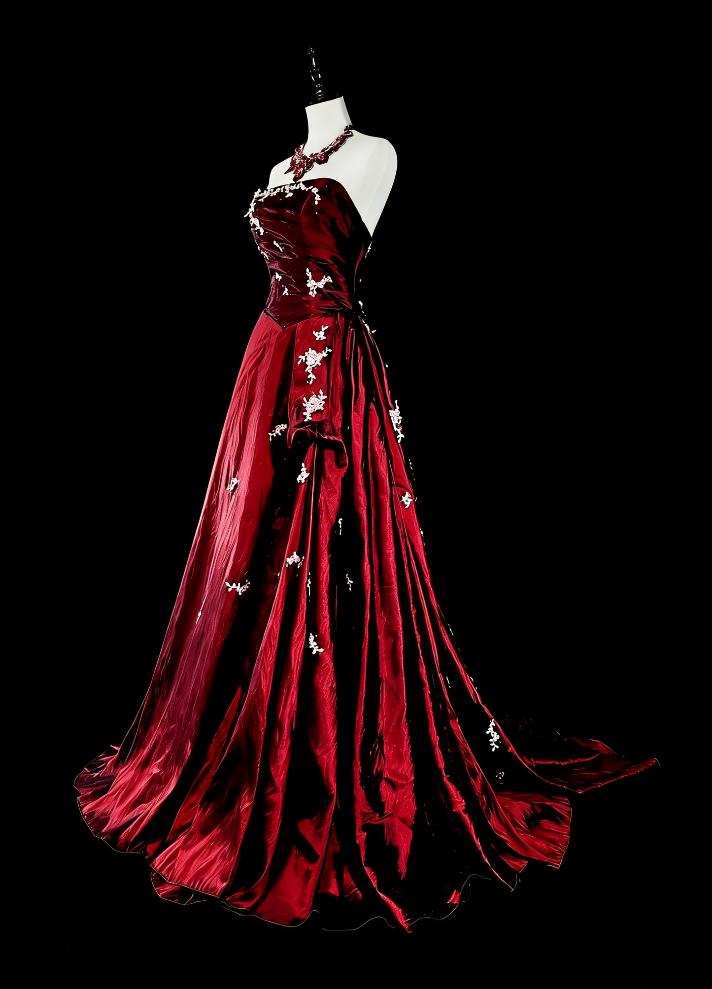 Vintage-Abendkleider im Stil der 1950er Jahre: Elegantes, trägerloses, burgunderrotes Ballkleid in Langform – Inspiration für die Abendgala (Modell N1996)