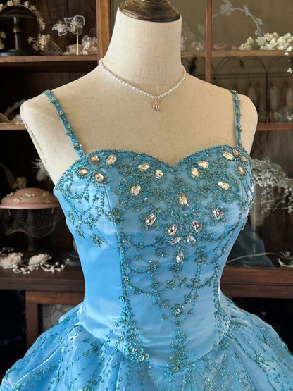 Vintage Ball Gown Spaghetti Straps Blue With Layers Tiered Sweet 16 Dresses Long 15 Vestidos De Fiesta N2264