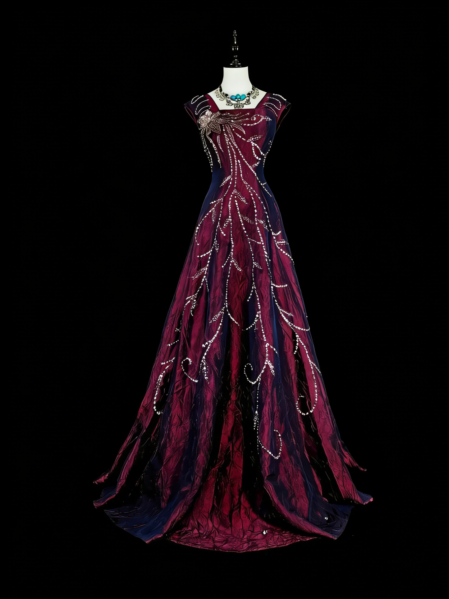 Robes de bal vintage Trapèze Col carré Violet avec perles Robe longue de soirée années 1970 N2700