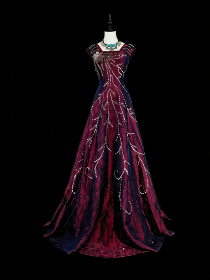 Robes de bal vintage Trapèze Col carré Violet avec perles Robe longue de soirée années 1970 N2700