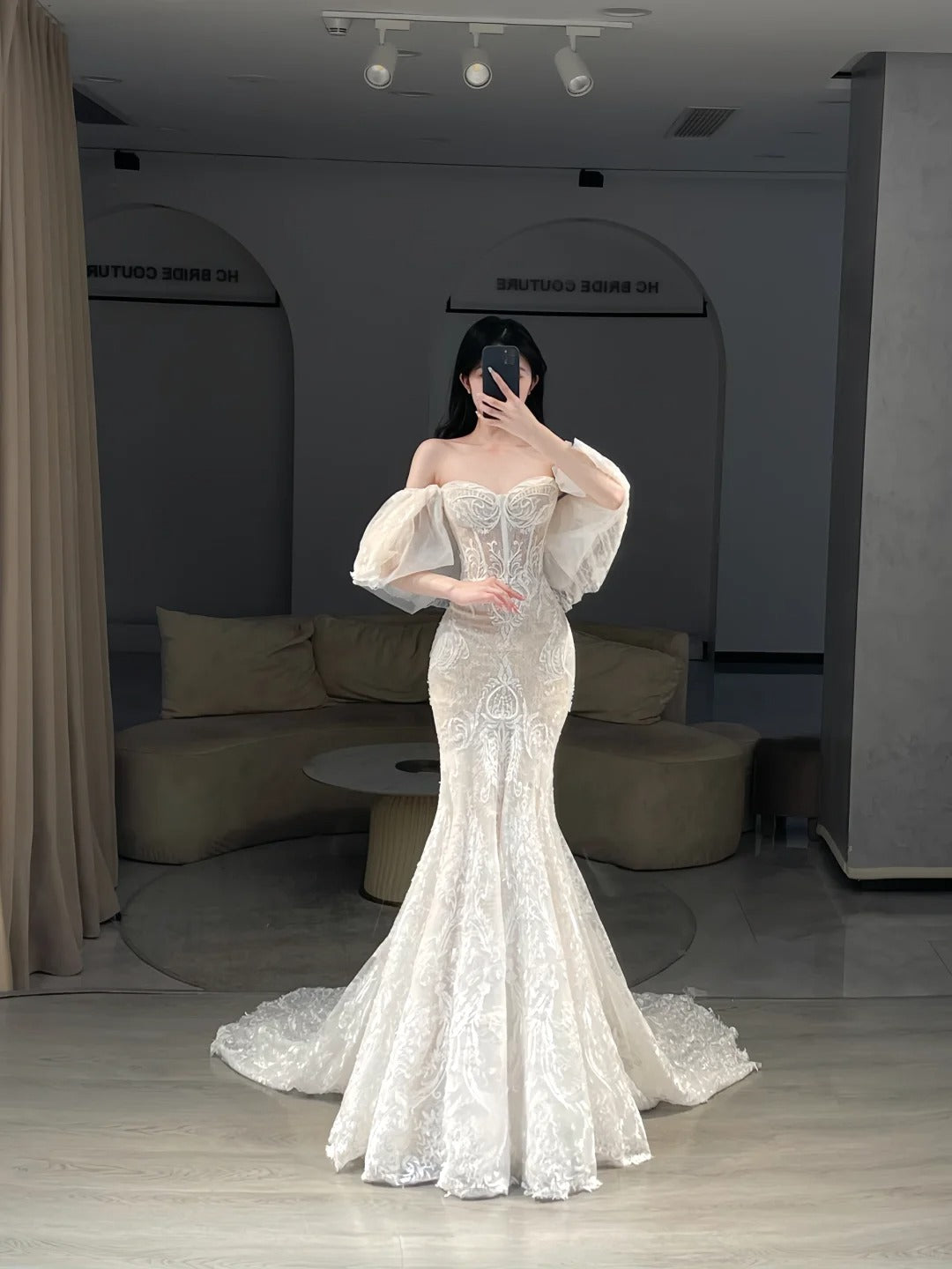 Robes de mariée uniques sirène épaules dénudées dentelle blanche longue robe de mariée N3085
