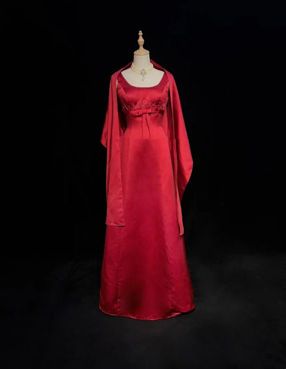 Inspiration Robes de bal Vintage Trapèze Col Carré Satin Rouge Années 80 Robes de Soirée Longues avec Cape N2857